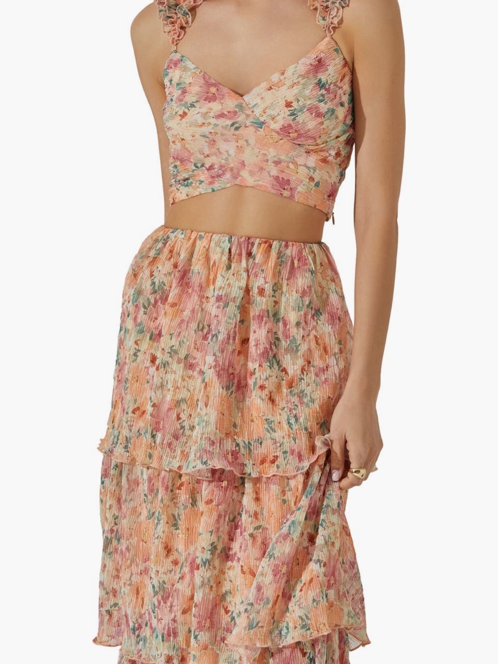 Astr Tiered Midi Skirt in Peach Floral - Picture 3 of 3